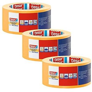 tesa Precisiecrêpe 4334 PLUS - 3-pack - professionele schilderskape met extra dunne papierdrager - voor bijzonder nauwkeurig afplakken en afdekken - geel - elk 50 m x 50 mm