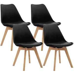 CangLong Set van 4 eetkamerstoelen met massief houten poten, retro design, zacht kussen, voor keuken, eetkamer en lounge, kantoor, zwart