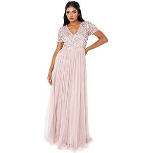 Maya Deluxe Dames jurk voor bruiloft gast plus size rijk hoge taille pailletten korte mouw avond bruidsmeisje, Frosted Roze, 46