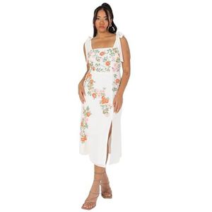 Maya Deluxe Dames Dames Midi-jurk Vierkante Hals Mouwloos Tie Schouder Bloemen Versierd Slit Split voor Bruiloft Guest Gelegenheid Ecru 34, ecru, 34