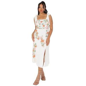 Maya Deluxe Dames midi-jurk met vierkante hals, mouwloos, schouderriem, bloemenpatroon, split voor bruiloft, gast, gelegenheid, ecru, 42, ECRU, 40