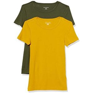 Amazon Essentials Women's T-shirt met korte mouwen en ronde hals in slanke pasvorm, Pack of 2, Goud/Olijfgroen, XS