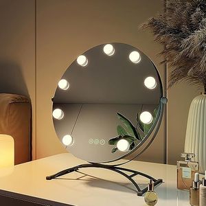 EMKE Hollywood spiegel rond 40 cm met 3 lichtkleuren dimbaar, make-upspiegel met verlichting, 360 graden draaibaar, met 9 ledlampen, geheugenfunctie, make-upspiegel voor kaptafel, zwart