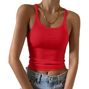 Artfish Mouwloze tanktop voor dames, nauwsluitend met ronde hals, geribbeld gebreid, basic cami-shirts, 01#kort Helder Rood, S