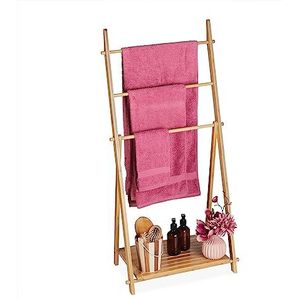 Relaxdays handdoekenrek met plank, 3 stangen, handdoekhouder, HBD: 110 x 53 x 31,5 cm, badkamerrek, bamboe, natuur