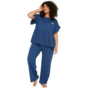 Trendyol Vrouwen Vrouw Plain Geweven T-Shirt-Broek Plus Size Pyjama Set, Marineblauw, 6XL, Donkerblauw, 6XL