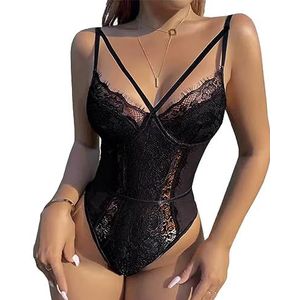 Buitifo Sexy bodysuit voor dames, eendelig, babydoll, wimpers, teddy, negligé van kant, zwart., M