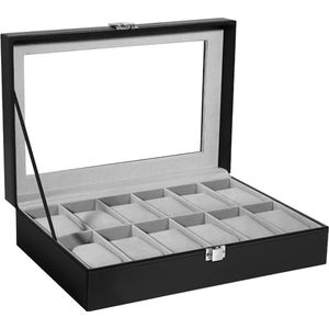 Uten Watch Box 12 vakken, horlogekast met glazen deksel, horloge-display opbergdoos voor mannen en vrouwen, afneembare horlogekussens, metalen sluiting, zwart synthetisch leer, grijze fluwelen