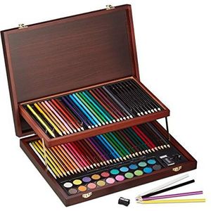 Relaxdays tekenkoffer, 73-delige tekenset, kleur- & potloden, waterverf, penseel, puntenslijper & gum, hout, bordeaux