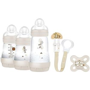 MAM Easy Start Anti-Kolic Welcome Set, baby eerste uitrusting met 3 anti-kolie-flessen, fopspeen en fopspeenband, baby cadeauset, vanaf de geboorte, beige