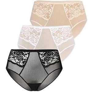 Teyli Set van 3 slips voor dames, hoge taille, mesh, bloemenkant, volledig comfortabel, ademend, rekbaar, 3 stuks, zwart wit beige, 44