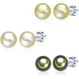 Valero Pearls Dames-set: 3 paar oorstekers, hoogwaardige zoetwaterparels in ca. 7 mm button groen 925 sterling zilver - pareloorstekers met echte parels lichtgroen lichtgeel 60200125