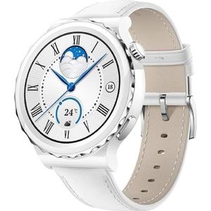 HUAWEI Watch GT 3 Pro 43 mm smartwatch, keramische behuizing, saffierglas, duikmodus, draadloos opladen, hartslag- en SpO2-bewaking, menstruatiecyclus tracker, witte leren band