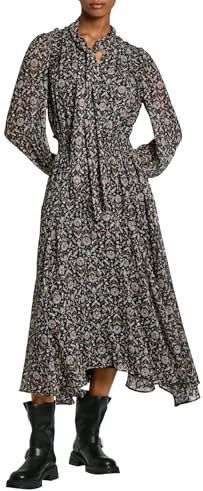 Pepe Jeans - Pixy - Jurk - Zwart - Plumeti Chiffon - Lange Mouw - Strik Kraag