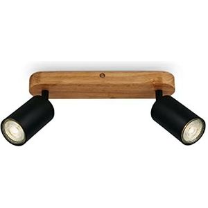 Briloner 2922-025 - Retro plafondlamp met hout, 2-lamps vintage plafondlamp, 2x GU10 fitting, verstelbare LED-spot, rustieke plafondspot, zwart-hout, 270x60x85 mm