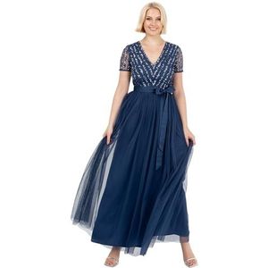 Maya Deluxe Maxi-jurk voor dames dames vlechtmeisje V-hals baljurk korte mouwen lange elegante empire-taille met riem Frans marineblauw maat 16, Franse marine, 42