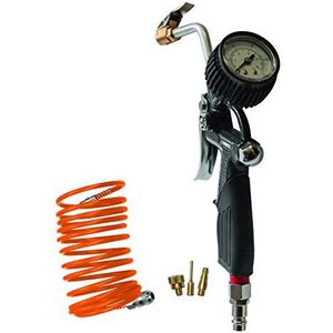 ABAC 5-delige persluchtvulset voor compressor G-812IG, bevat bandenpomp met manometer (bandenspanningsmeter), 5 m spiraalslang, 3 ventieladapters, max. druk 8 bar