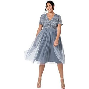 Maya Deluxe Midi-jurk voor dames, met V-hals, versierd bruidsmeisjesjurk, Dusty Blue., 54 NL
