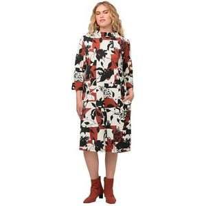 Ulla Popken Dames sweatjurk met kraag en bladerprint jurken, zwart, 58/60 Grote maten