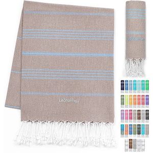 LeStoff de traditionele Hamamdoek Strandlaken Badhanddoek Saunahanddoek Douchehanddoek Spa Sport Yoga Reizen 100% Biologisch Katoen. Duurzaam, natuurlijk, zacht en voorgewassen. (95 x 180 cm, Beige - Light Blue)