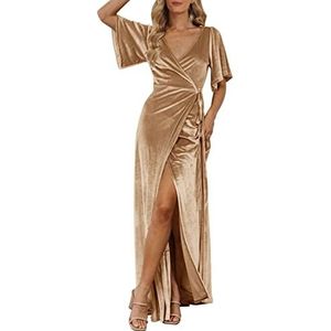 MEROKEETY Dames V-hals Wrap Fluwelen Maxi Bruiloft Gast Jurk Bell Mouwen Split Bruidsmeisje Cocktail Party Formele Jurken, Champagne, M
