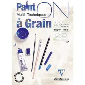 Clairefontaine - Ref 975050C - Paint'ON Multi-Technique Papier met Graan Gelijmd Pad (20 Vellen) - A3-formaat, 250 g/m² zwaargewicht papier, extra wit zuurvrij, pH-neutraal