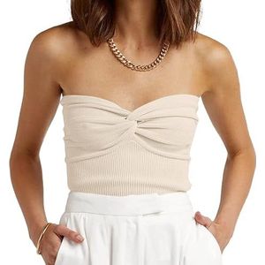 EFAN Dames Tube Tops Zomer Twist Knoop Voorkant Gebreide Bandeau Strapless Geribbelde Mouwloze Y2K Crop Tank Corset Top, Abrikoos, S