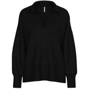 pieces - PCMALOU LS POLO KNIT NOOS - Trui - Zwart - V-hals - Lange Mouwen