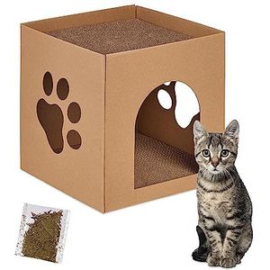 Relaxdays kattenhuis karton, kattenmand met krabplank, bouwpakket, incl. kattenkruid, HxBxD: 30 x 30 x 30,5 cm, bruin
