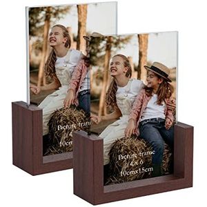 RLAVBL 2 Pack 6x4 fotolijsten met houten baes, 4x6 rustieke dubbelzijdige fotolijsten met basis en gehard glas voor tafelblad, bruin