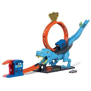 ​Hot Wheels City baanset met 1 speelgoedauto, race door een gigantische looping om een grote dinosaurus te verslaan, T-Rex Looping Stunt en Race speelset, HNP77