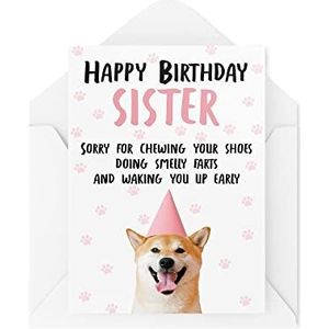Grappige verjaardagskaarten voor zuster van de hond, huisdier minnaar wenskaarten op haar verjaardag, puppykaart Sorry voor kauwen op uw schoenen - CBH241