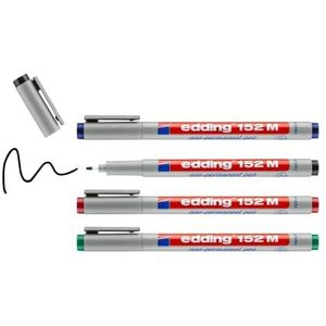 edding 152 M non-permanent pen - set van 4 - zwart, rood, blauw, groen - ronde punt 1 mm - schrijfstift voor glas, kunststof, folie en gladde oppervlakken - sneldrogend, met water corrigeerbaar