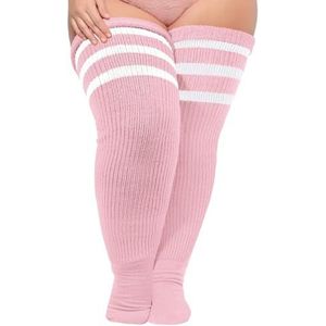Moon Wood Vrouwen Plus Size Dij Hoge Sokken Extra Lange Gestreepte Dikke Over De Knie Sokken Been Warmer Boot Kousen One size Babyroze & Wit