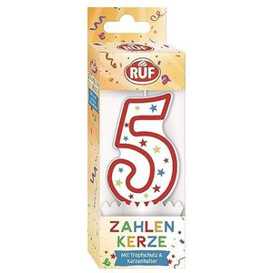 RUF cijferkaars nummer 5, rode verjaardagskaars met kleurrijke sterretjes, hoogwaardige jubileumkaars met druppelbescherming, ideaal als taartdecoratie, 1 stuk