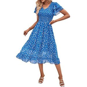 BTFBM Vrouwen Casual Zomer Korte Ruches Gelaagde Mouw Gesmokte Midi Jurken Bohemian Bloemen V-hals Bruiloft Gast Lange Jurken, Bloemen Blauw Wit, M