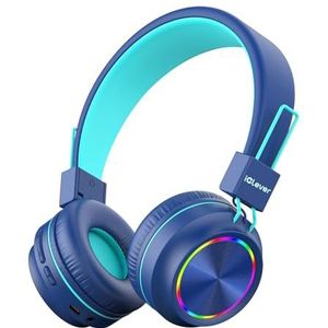 iClever Bluetooth-hoofdtelefoon voor kinderen, kleurrijke ledverlichting, volumeregeling, 94 dB, opvouwbaar, verstelbaar, draadloos en kabel, geïntegreerde microfoon voor pc, tablet, Kindle