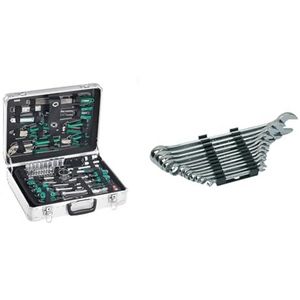 Brüder Mannesmann M29075 Gereedschapsset, 108-Delig, Aluminium Gereedschapskoffer, Groen/Zilver & Brüder Mannesmann Werkzeug M19652 Combinatiesleutelset, Din 3113, 12-Delig, Zilver