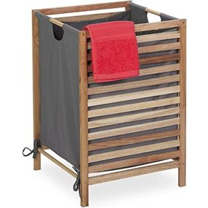 Relaxdays houten wasmand - 60 liter - wasgoedmand op poten - open wasbox - stoffen zak