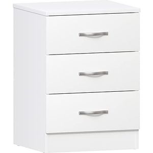 Vida Designs Riano Riano Wit nachtkastje, commode, 3 handgrepen van metaal en loper, unieke anti-bowing-ladehouder, slaapkamermeubel, productgrootte: H 56 x B 40 x D 36 cm