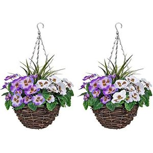 Bloempels - mand met kunstbloemen in paars en wit en decoratieve kunstgrassen - 2 stuks