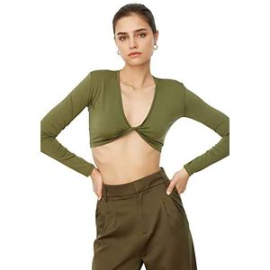 Trendyol Dames Khaki Gedetailleerde Crop Gebreide Blouse, S