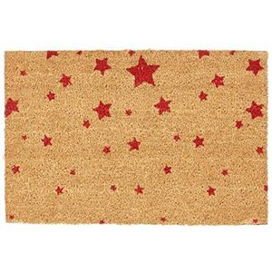Relaxdays deurmat kokos, met print, sterren, 40 x 60 cm, antislip, rechthoekige kokosmat, schoonloopmat, rood