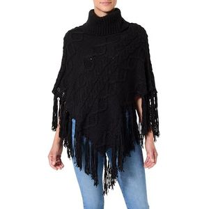 Cream Dames poncho, rolhals, met trekkoord, oversized fit, mouwloos, lange franjes, Zwart, One Size
