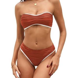 ZAFUL Women's Strapless Bikini Set Textured Color Block Bandeau Bikini Swimsuits Two Piece Cheeky High Cut Bathing Suits (Brick Red-Beige, S)