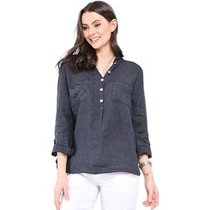 Bonateks Dames tuniek top 100% linnen gemaakt in Italië, blouse met Tunesische kraag met knoopsluiting en zakken aan de voorkant, marineblauw, maat: L, Marineblauw, L