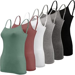 BQTQ 6 stuks basic hemdje verstelbare riem vest top voor vrouwen en meisjes, Zwart, wit, donker Grijs, grijs, donker Cyaan, Indisch Rood, S