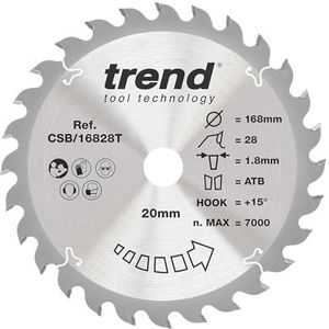 Trend Wood CSB/16828T Accu-cirkelzaagblad, diameter 168 mm, 20 mm boring, 28 tanden, 1,8 mm snijvoeg, +15° haak, TCT, gemiddeld oppervlak, CSB/16828T