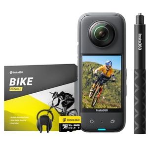 Insta360 X3 Fietsbundel, waterdichte 360° actiecamera met 1/2 inch sensor, 5,7K 360°, 72MP 360° foto's, stabilisatie, 2,29 inch touchscreen, trillingsfeedback, AI-bewerking, livestreaming