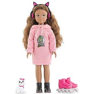 Corolle 9000600020 - Girls Melody Muziek en Fashion Set, Aankleedpop in coole hoodie-jurk met hond, trendy hoofdtelefoon, oorbellen, inlineskates, 28 cm speelpop met vanillegeur, vanaf 4 jaar